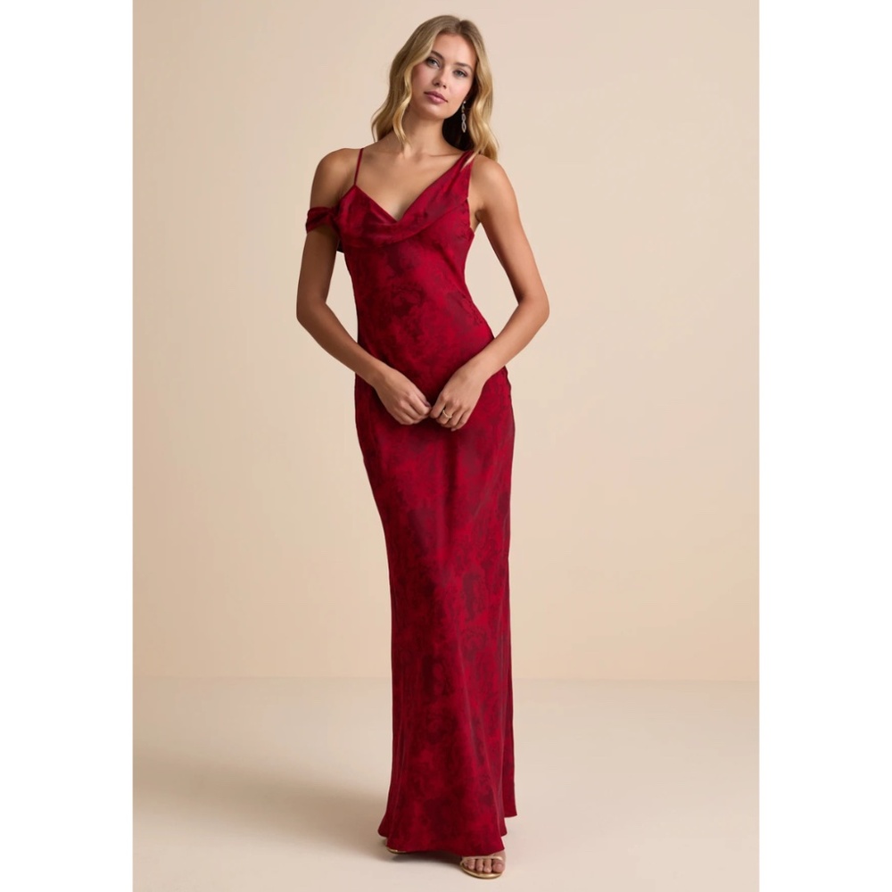 Lulus Minnie Red Satin Jacquard Asymmetrical Maxi Dress - Size M
